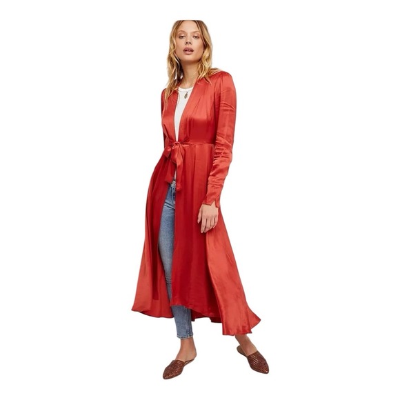 Free People Jackets & Blazers - Free People Marilyn Satin Duster Red Tie Waist Long Layering Jacket Size Xs